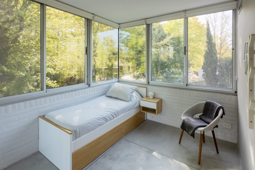 twin bed tucked into a corner