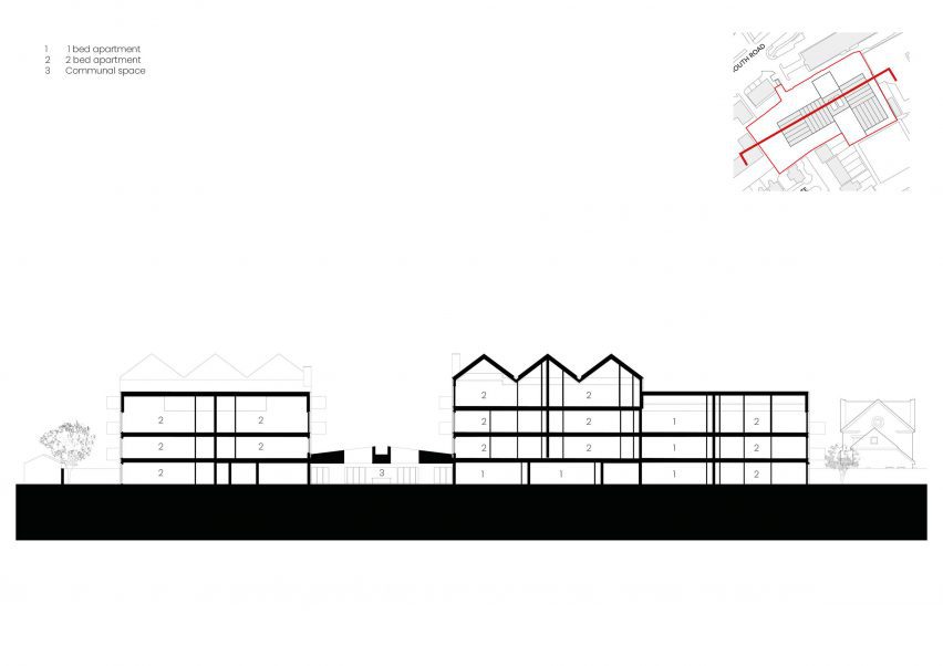 Section of Cobham Bowers retirement housing in Surrey by Coffey Architects