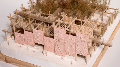 Architectural model with pink panels on it