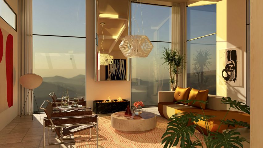 An interior design rendering of a modern living room with two floor to ceiling windows