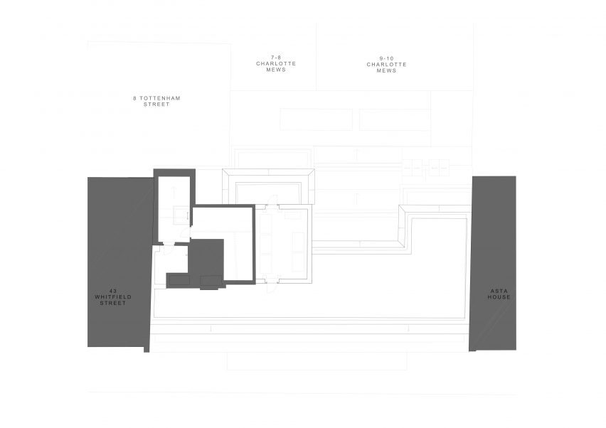 Plan drawing of 1970s office building in Fitzrovia, London by dMFK Architects