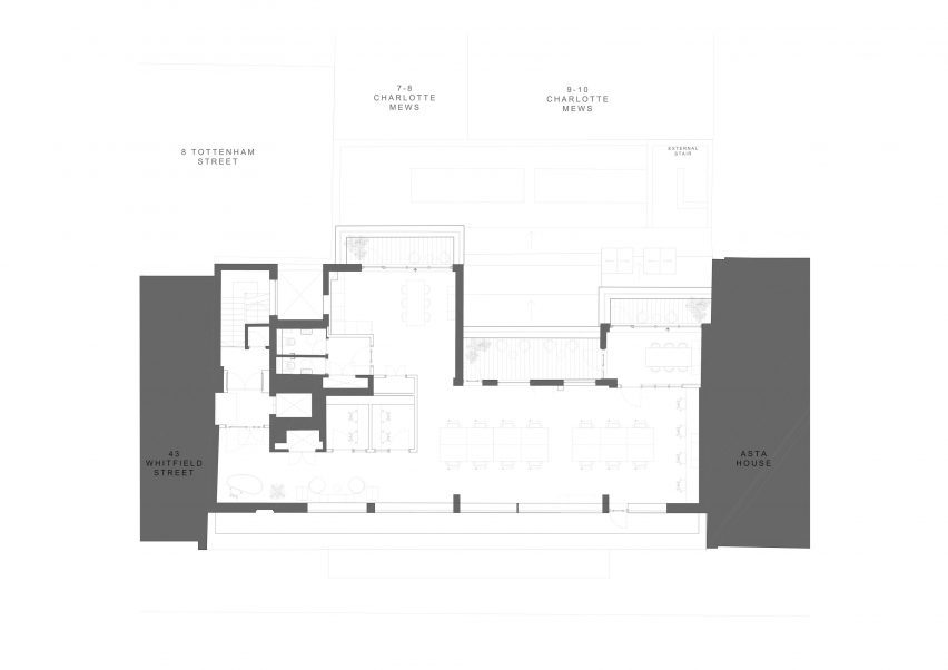 Plan drawing of 1970s office building in Fitzrovia, London by dMFK Architects