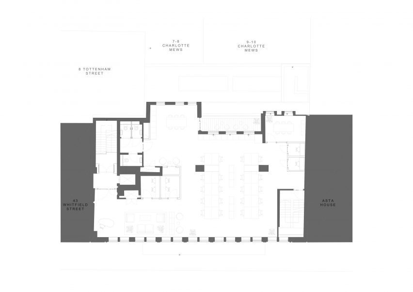Plan drawing of 1970s office building in Fitzrovia, London by dMFK Architects