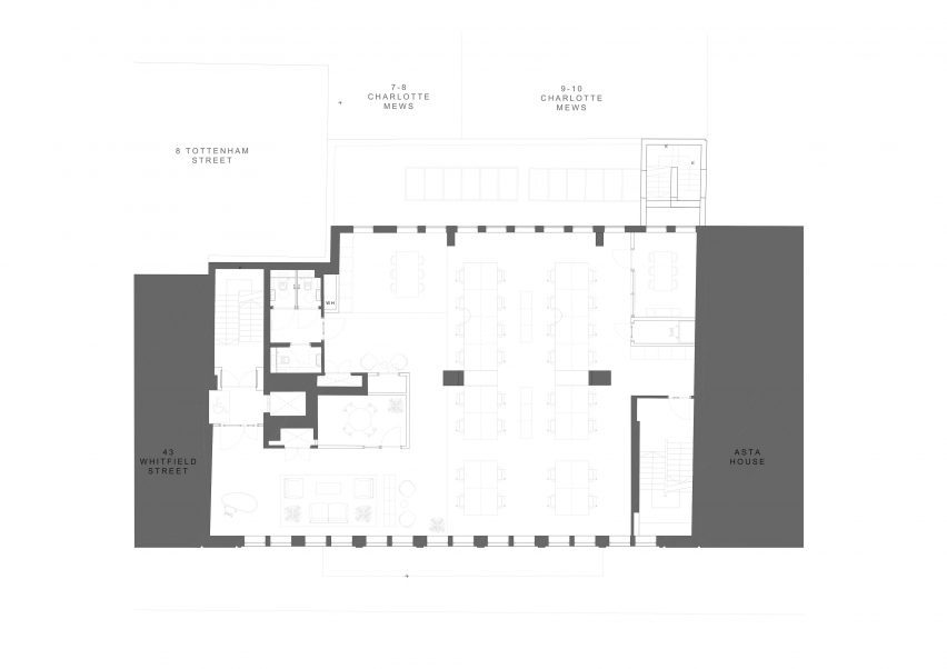 Plan drawing of 1970s office building in Fitzrovia, London by dMFK Architects