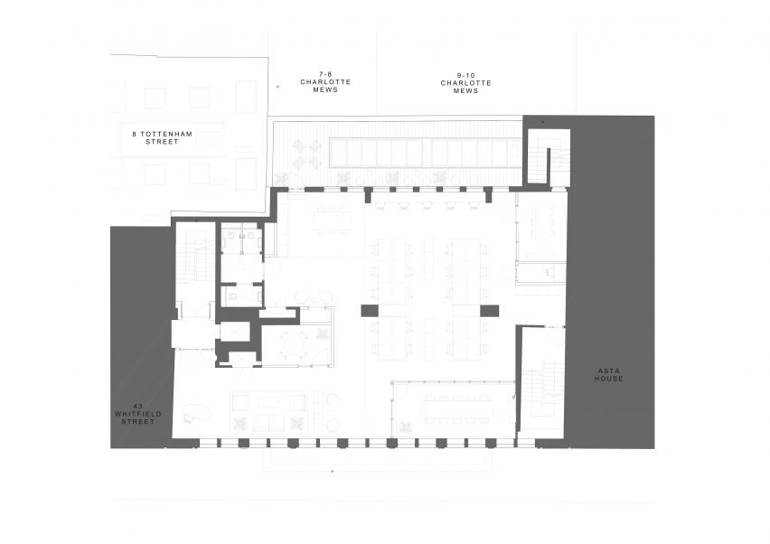 Plan drawing of 1970s office building in Fitzrovia, London by dMFK Architects