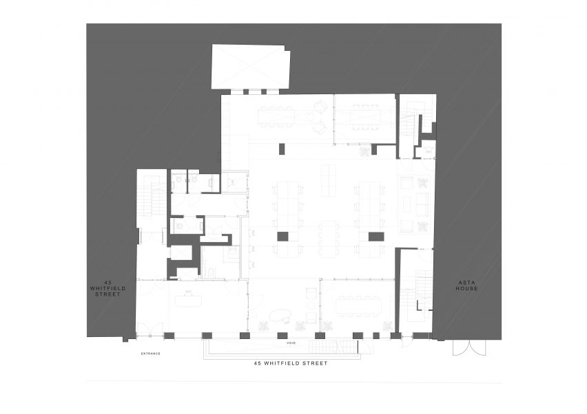 Plan drawing of 1970s office building in Fitzrovia, London by dMFK Architects