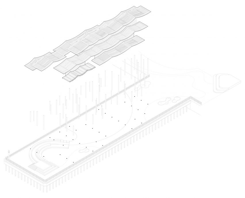 Exploded isometric drawing of the Cheung Sha Wan Pier Canopy by New Office Works