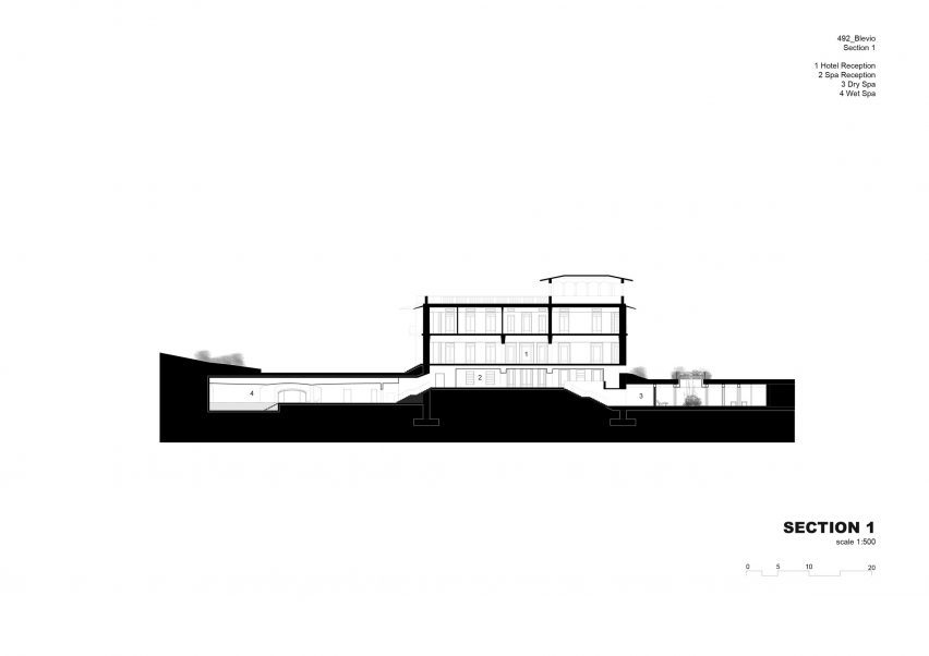 Section drawing of Infinity pool and spa at Lake Como, Italy, by Herzog & de Meuron