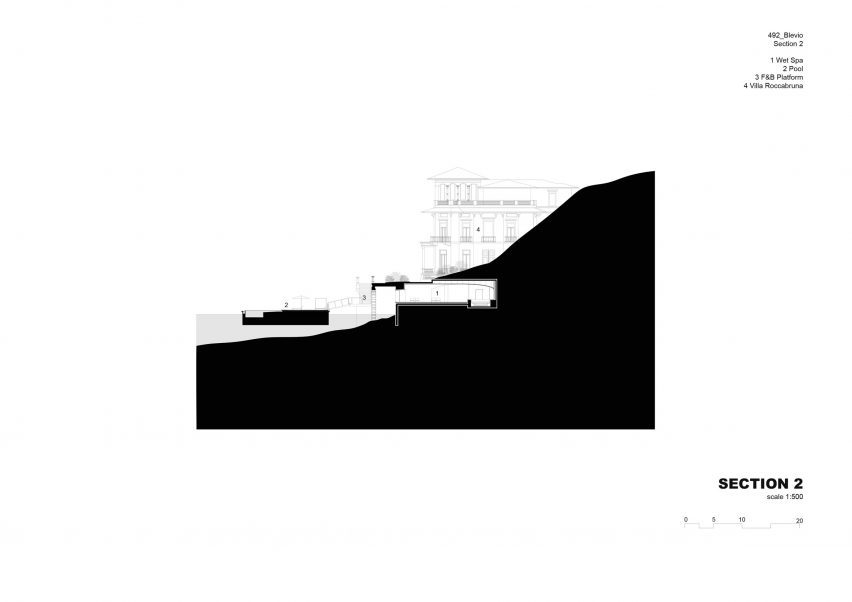 Section drawing of Infinity pool and spa at Lake Como, Italy, by Herzog & de Meuron