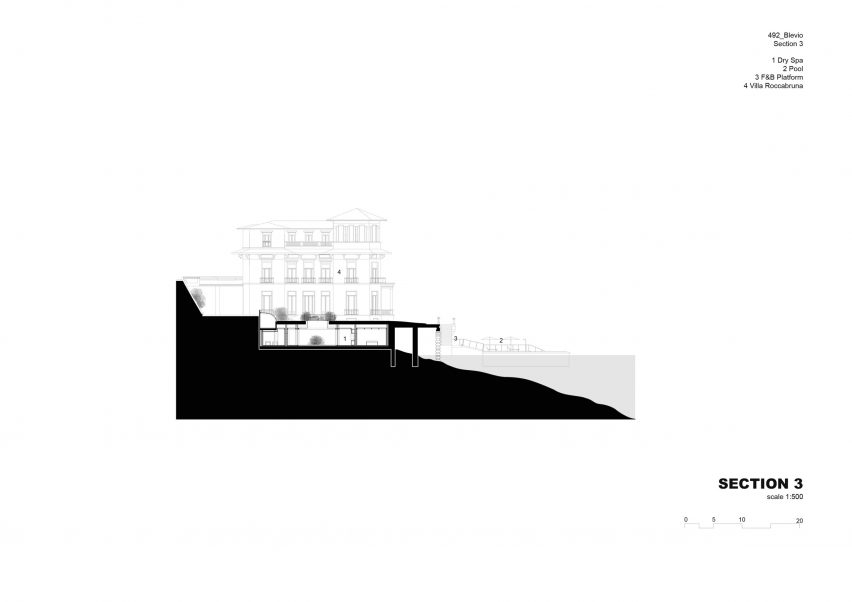 Section drawing of Infinity pool and spa at Lake Como, Italy, by Herzog & de Meuron