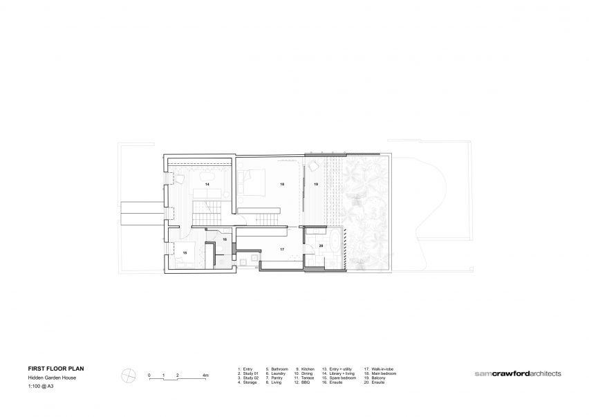 First floor plan of Hidden Garden House in Sydney by Sam Crawford Architects