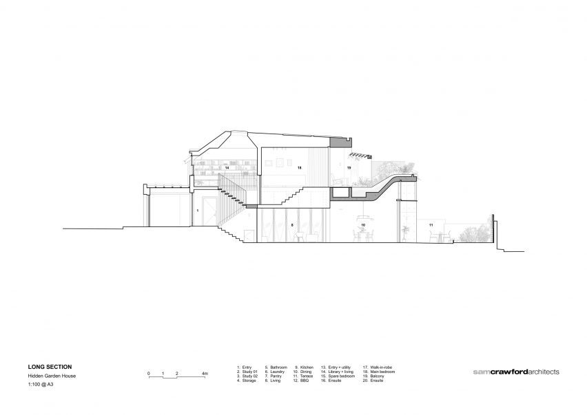 Section drawing of Hidden Garden House in Sydney by Sam Crawford Architects