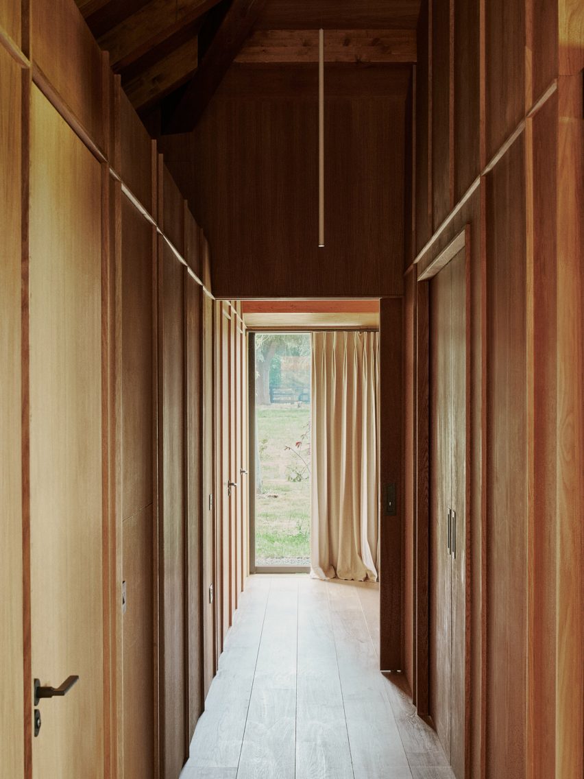 Wood-lined corridor in a clubhouse