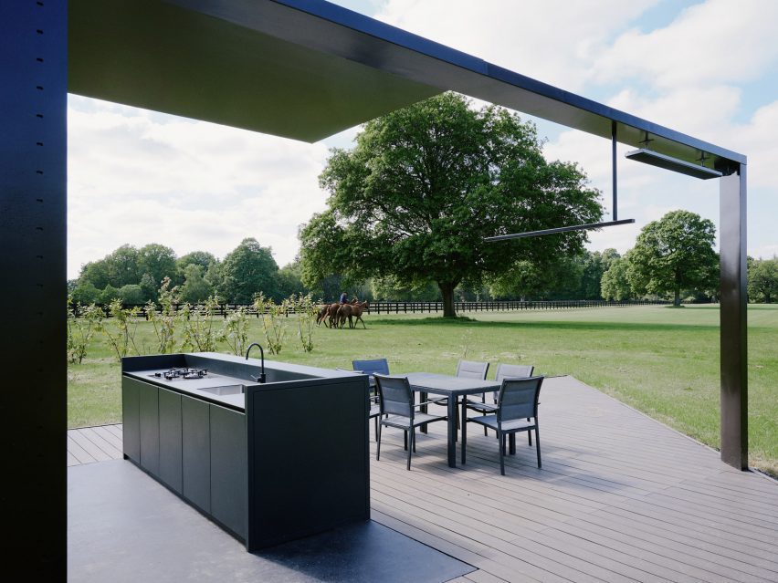 Outdoor patio in a polo field