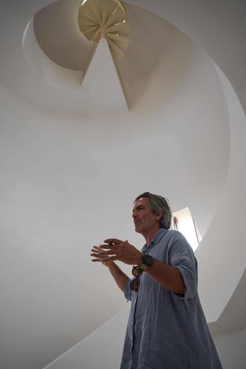 Winding spiral staircase from below in El Faro lighthouse Costalegre coast