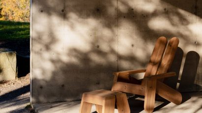 Wooden outdoor furniture on deck