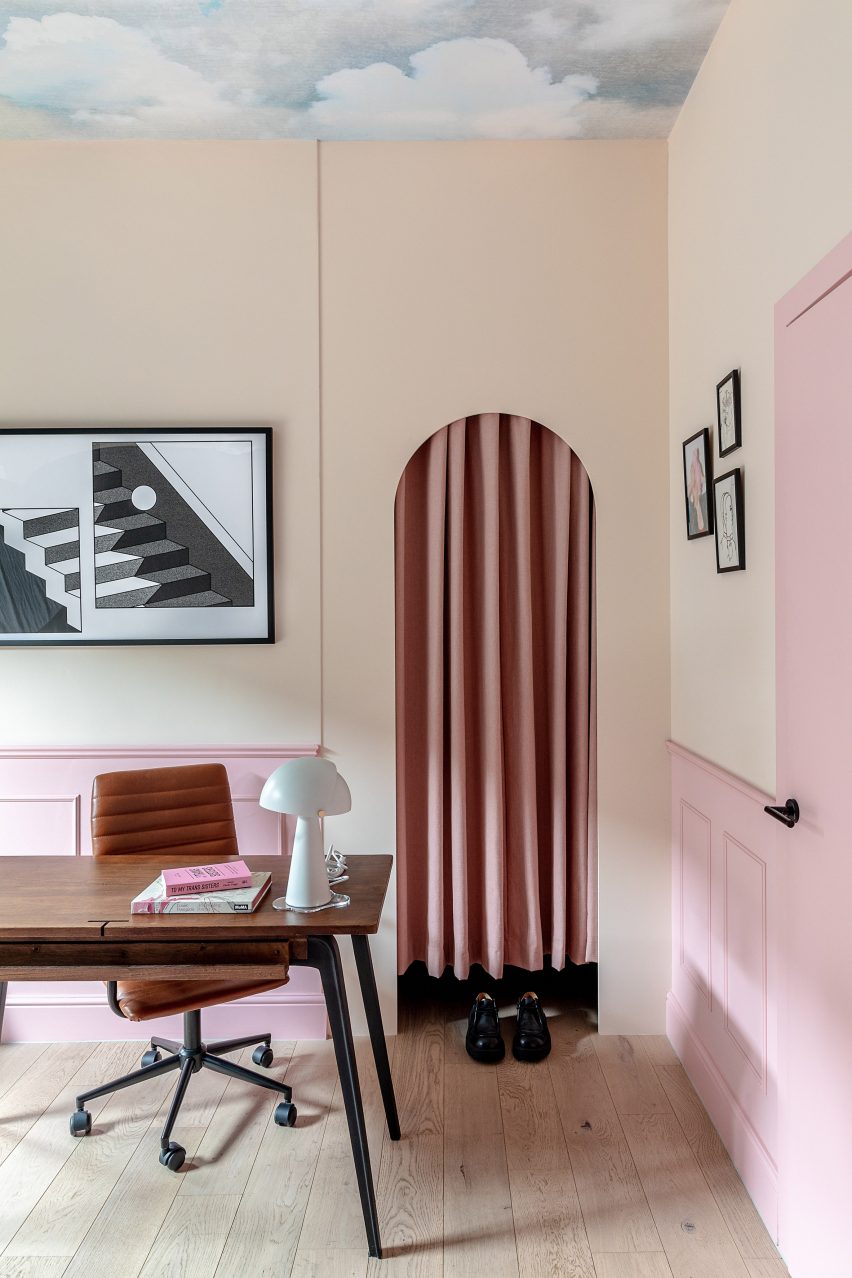 Desk and pink walls in Moroccan-inspired townhouse by PL Studio