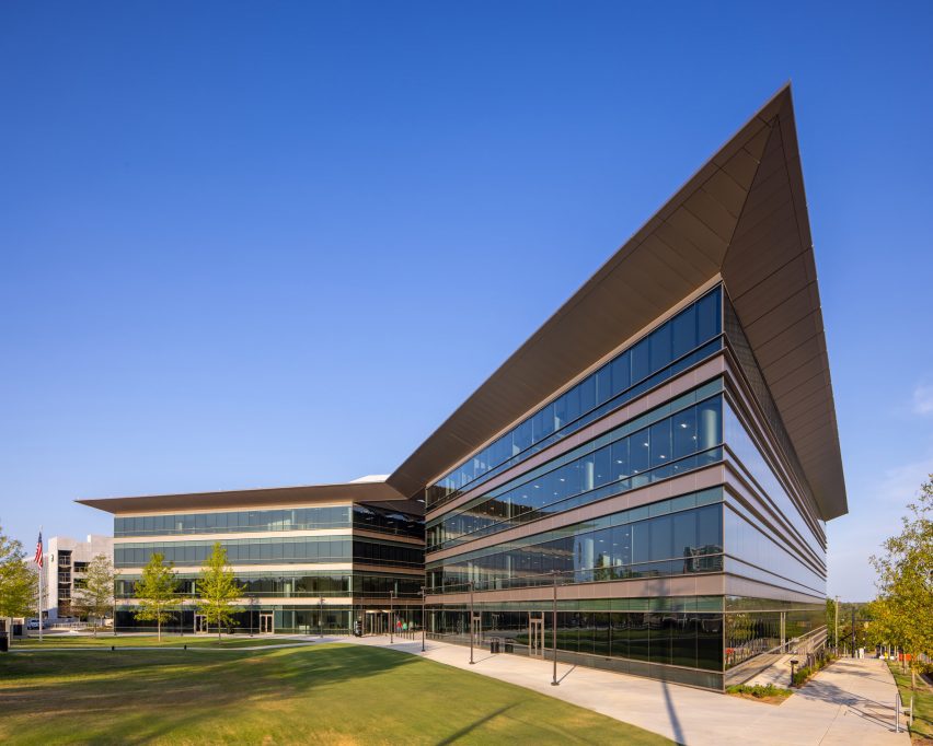 a building with an angular, pointed roof