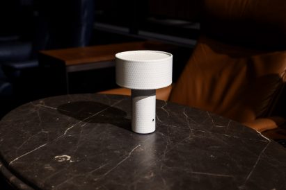 White perforated lamp made from cinema screen by Haneul Kim for CGV