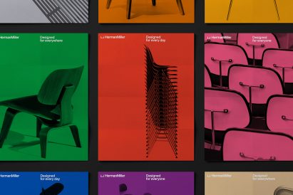 White Herman Miller logo by Order Design on various furniture posters