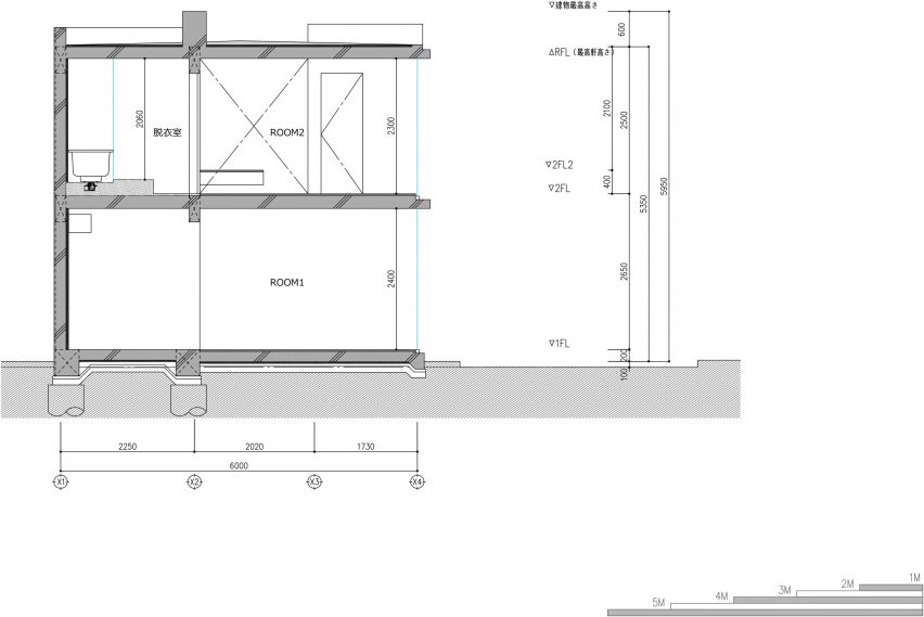 Section of check patterned house in Japan by IGArchitects
