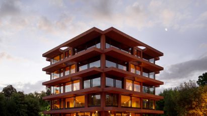 Red concrete university building in Chile