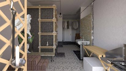 Visualisation showing a living area with exposed concrete and temporary-looking appliances