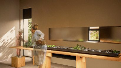 Visualisation showing an adult and child in a kitchen