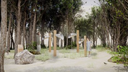 People interacting with objects in a forest
