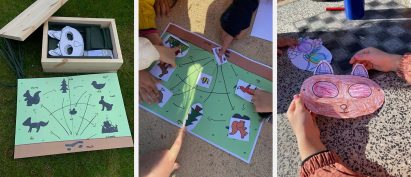 Trio of photographs showing animal-based activities for children