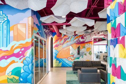 Acoustic baffles suspended from the ceiling