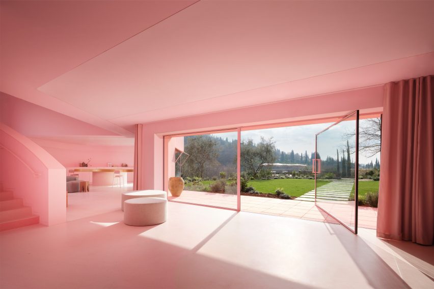 Pink interior of Domaine de la Rosa by Nem Architectes