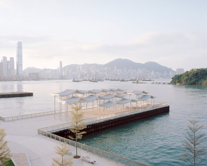 Undulating canopy roof on a pier in Hong Kong