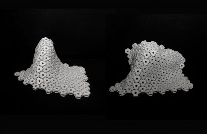 Two swatches of chainmail on black background