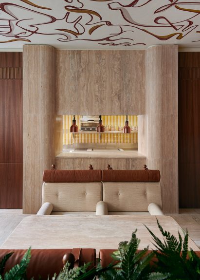 Oka restaurant with travertine wall