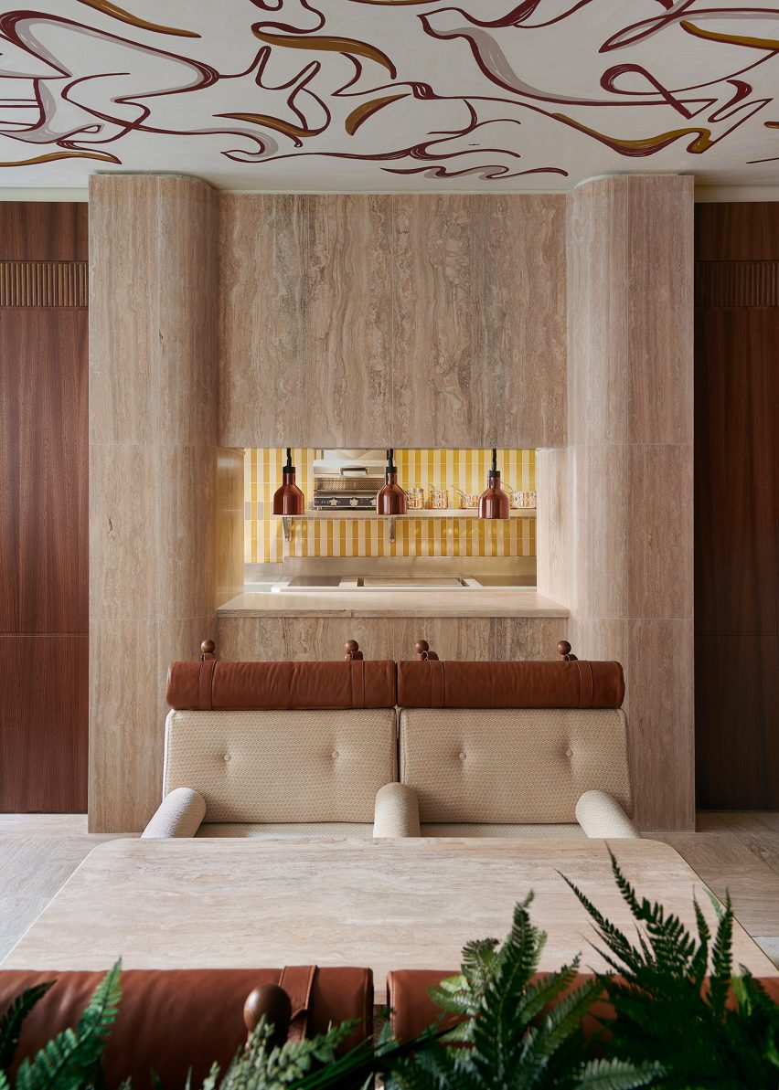 Oka restaurant with travertine wall