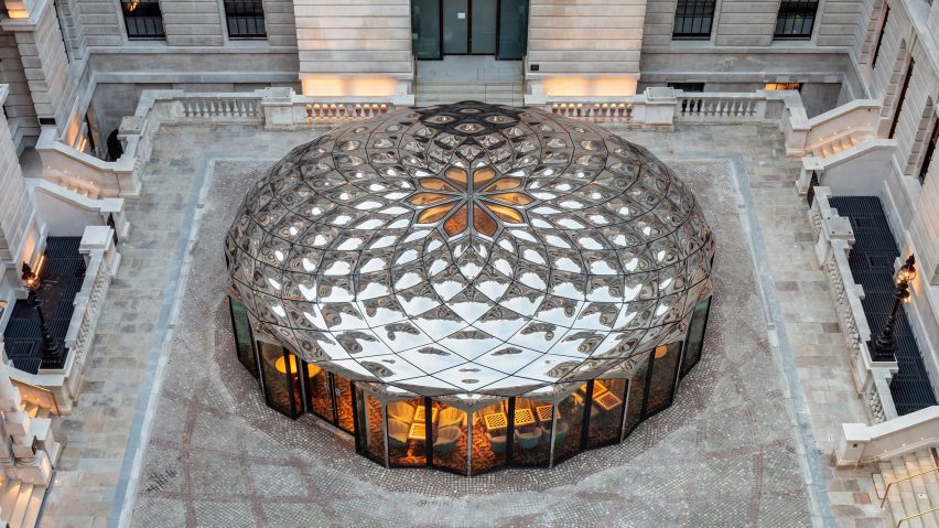 Mirror stainless steel roof panels on pavilion by DaeWha Kang Design