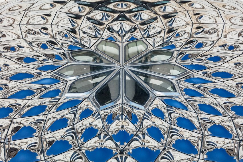 Sculptural skylight and mirror stainless steel roof of pavilion by DaeWha Kang Design