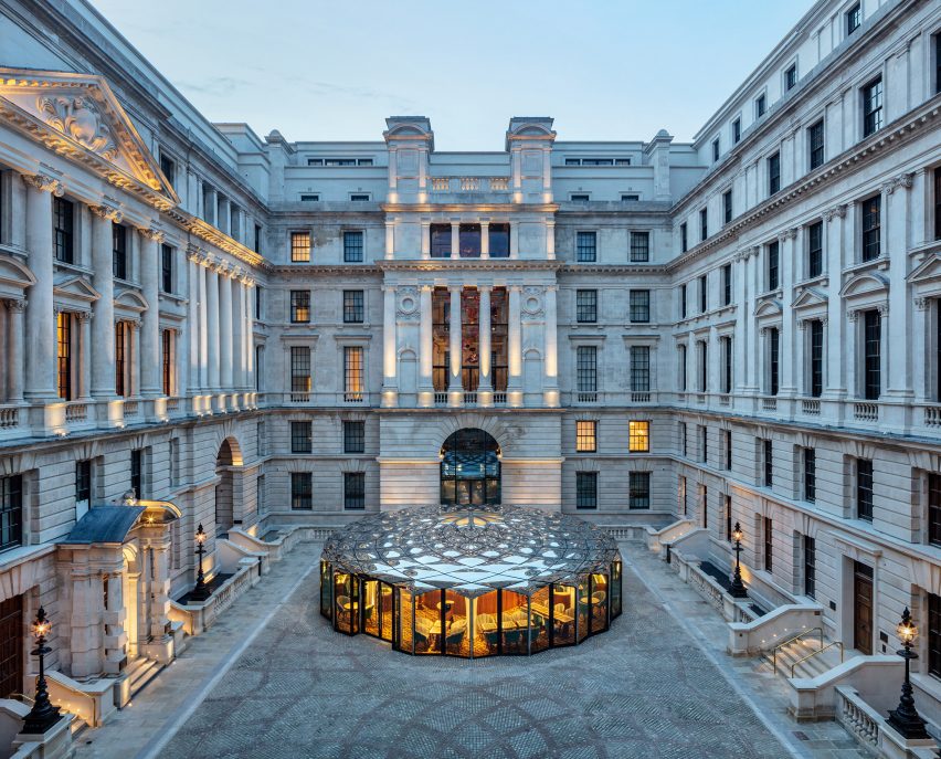 Old war office pavilion and grand courtyard at dusk