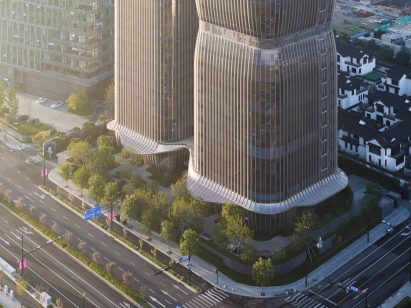 Exterior view of twin skyscrapers by Aedas