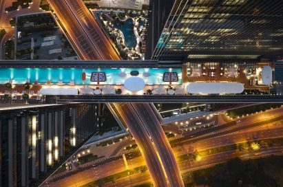 Aerial view of suspended infinity pool