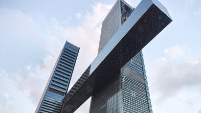 View up to the One Za'abeel cantilever by Nikken Sekkei