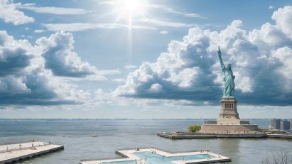 a rendering of a pool in front of the statue of liberty