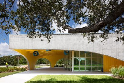 Concrete pavilion with yellow underside