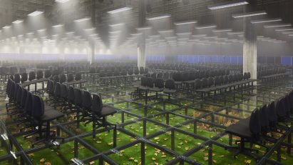 Plexiglass runway with grass and leaves underneath