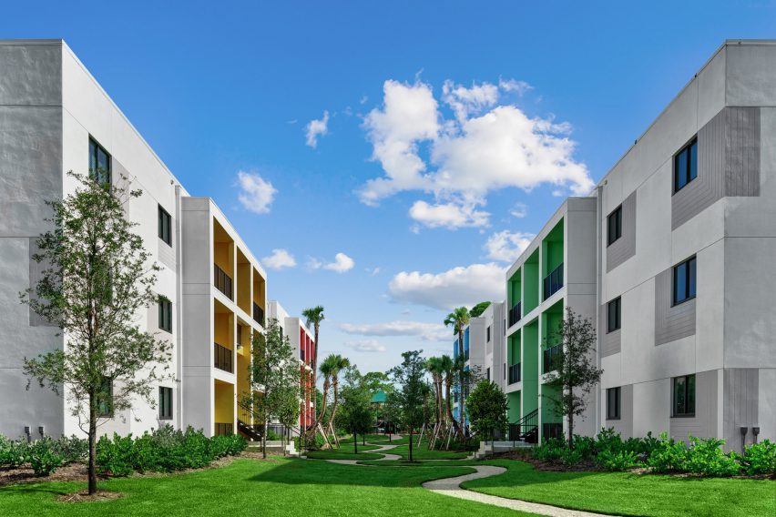 Apartment building in Miami with brightly colored entrances