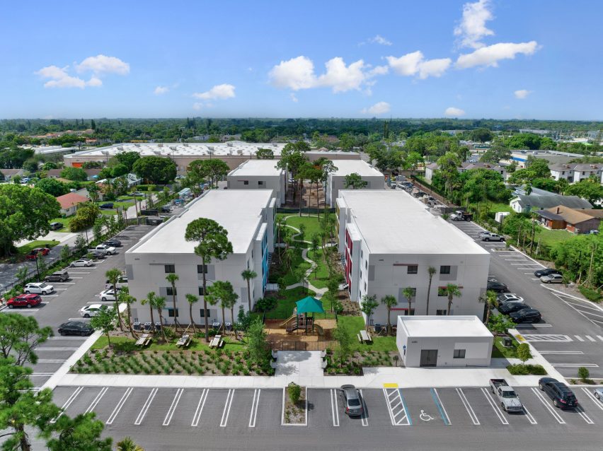 Apartment building in Miami with brightly colored entrances