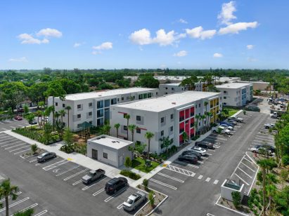 Apartment building in Miami with brightly colored entrances