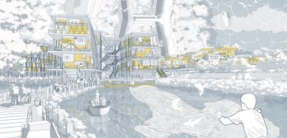 Illustration showing people and buildings on a river