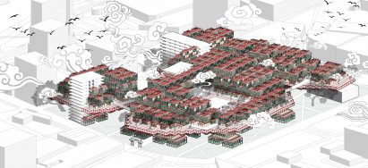 Visualisation showing an area of a city with red buildings